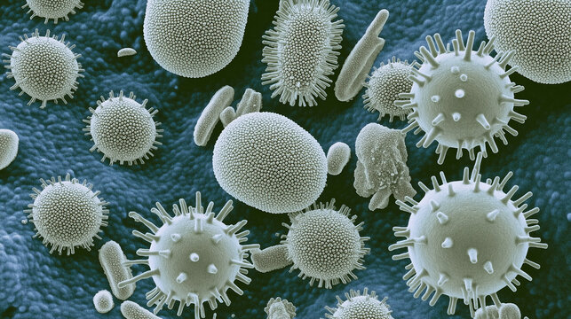 Microscopic Close-up of Various Bacteria Shapes on a Colorful Background