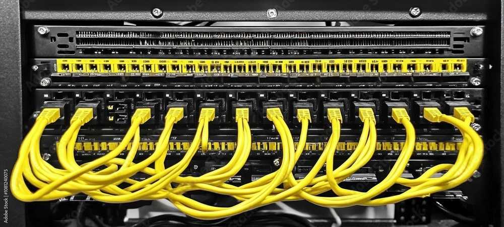 Poster network switch with yellow ethernet cables: high-definition image of data center technology