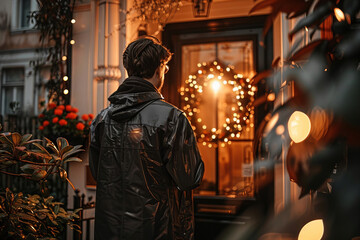 Man at the doorway, knocking on the door of the house
