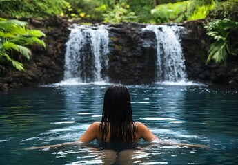 Fototapeta premium A woman in a black swimsuit swims in a serene jungle