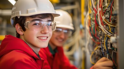 Young electrician students smiling while doing work practices, concept of vocational training