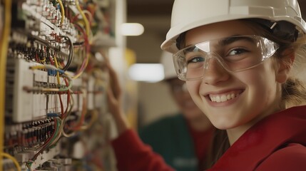 Young electrician students smiling while doing work practices, concept of vocational training
