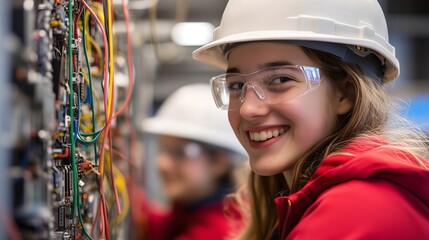Young electrician students smiling while doing work practices, concept of vocational training