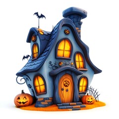 A spooky 3D Halloween haunted house adorned with glowing pumpkins, casting an eerie, ghostly atmosphere perfect for Halloween night.