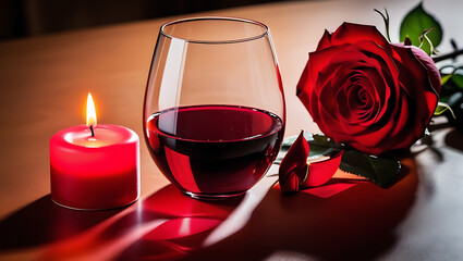 A romantic scene with a glass of red wine, a red rose, and a burning candle on a wooden table.
