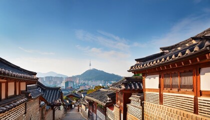 Naklejka premium The Iconic Bukchon Hanok Village in Seoul, South Korea, Where Traditional Korean Houses With Sloped Tiled Roofs Line Narrow Streets Overlooking the Modern City Skyline in a Unique Historical Landscape