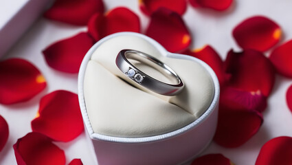 A silver wedding band with two diamonds sits in a heart-shaped box surrounded by red rose petals.