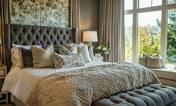 Elegant master bedroom with a luxurious bed, plush bedding, and a serene garden view through large windows