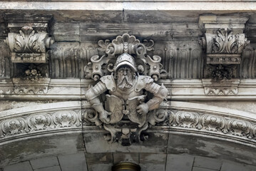 Ancient sculpture, statue of a knight in armor on the wall of a building in Dresden, Germany....