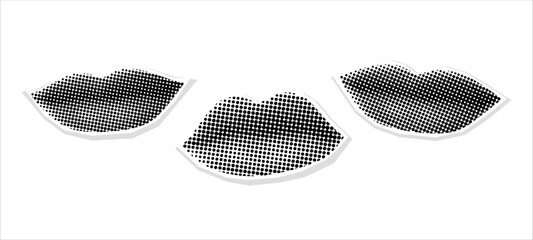 Female Lips with halftone dot effect. Retro halftone mouth. Modern collage. Woman's smile. Pop art dotted style. Laughing mouth. Paper cutout element. Y2K style. Body part