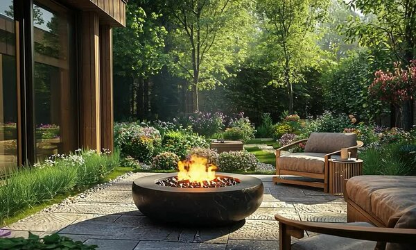 Cozy patio with a charming fire pit, string lights, and a view of a peaceful garden