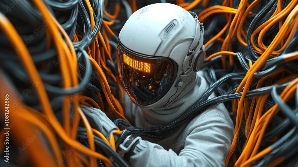 Aufkleber an astronaut is trapped in a web of tangled wires.
