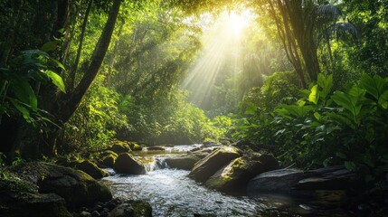 Sunlit Rainforest River: A Serene Escape into Nature's Embrace