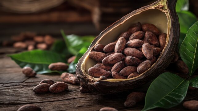 Cacao beans in an open cocoa pod on a wooden background with leaves