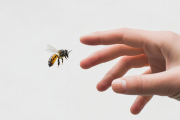 A single hand with outstretched fingers reaches toward a bee in flight, evoking themes of coexistence, care, and harmony in a serene composition.