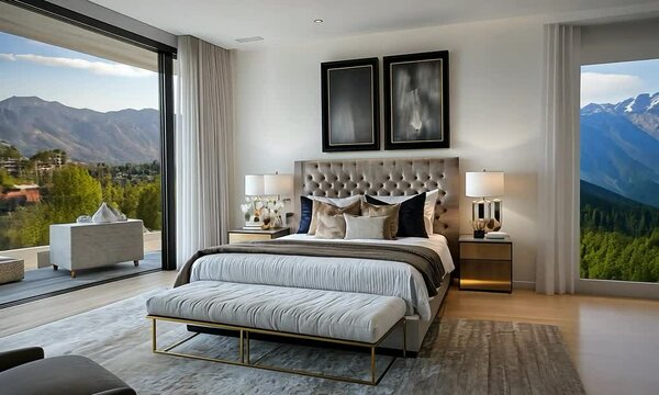 Hollywood Glam bedroom with luxurious furnishings, rich textures, and a view of a scenic mountain range