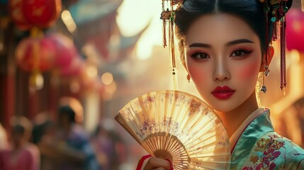 Portrait of a beautiful Chinese woman in traditional dress and makeup, holding a fan near her face, with a festive street in the background
