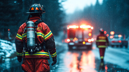 Brave Firefighters in Action During Emergency Scenario