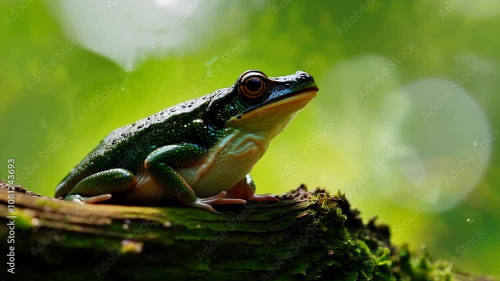 Poster colorful frog resting on a log in a lush green environment generative ai