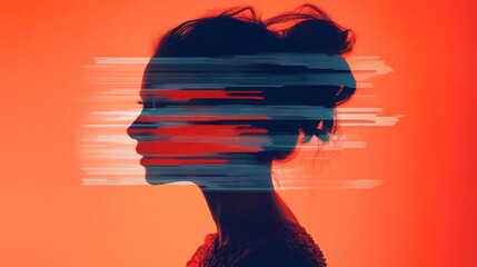 Conceptual Profile Portrait of Woman with Silhouette Fragmented by Horizontal Lines