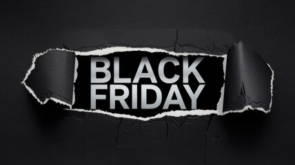 A black friday sign is shown with a torn piece of paper. The sign is black and white and has the word "black" in white letters. The torn paper adds a sense of urgency and excitement to the sign