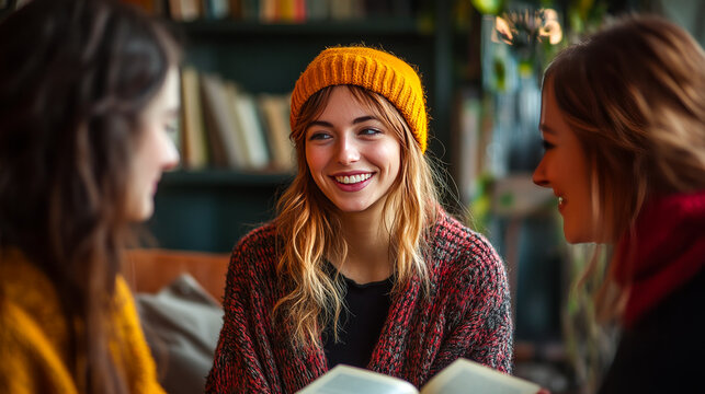 Friends Discussing Mental Health Books in Cozy Setting