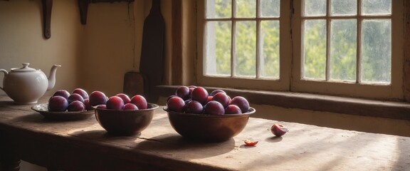 Cozy rustic kitchen interior with plum fruits on old wooden table.