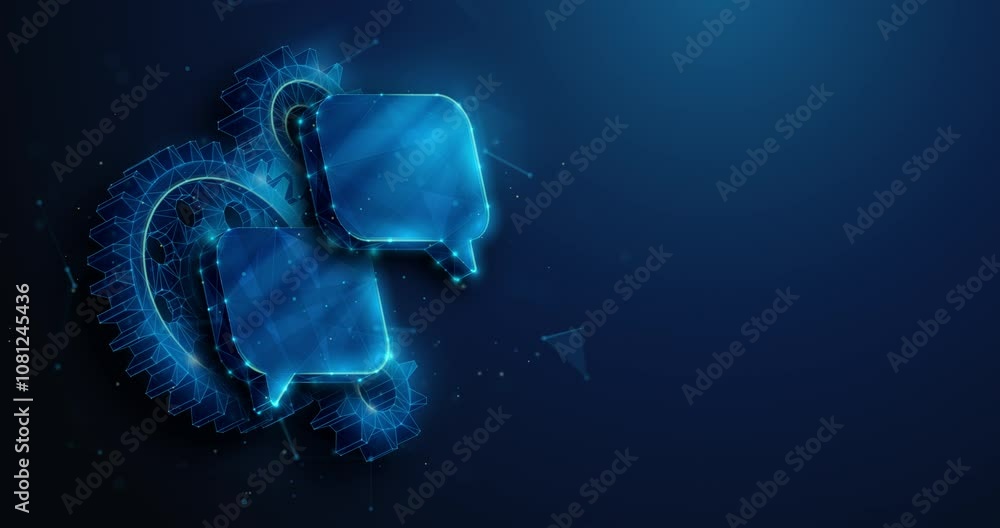 Poster abstract animated low poly chat bubbles floating over spinning gears. artificial intelligence chatbo