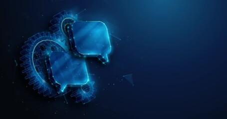 Abstract animated low poly chat bubbles floating over spinning gears. Artificial intelligence chatbot service, AI communication technology concept by wireframe mesh. 4K looped motion graphic