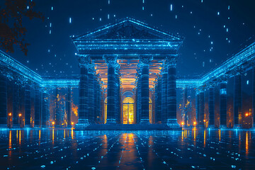 Futuristic digital temple illuminated with blue lights and rain in a cyber-inspired scene.
