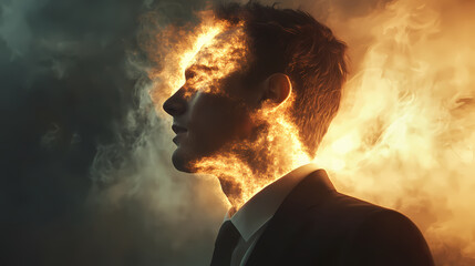Smoke eruption from businessman's neck. generative ai. Enigma. Illustration