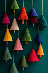 A group of small rainbow colored tassel trees, against unique dark green background. Minimal creative Christmas holiday concept.Copy space.