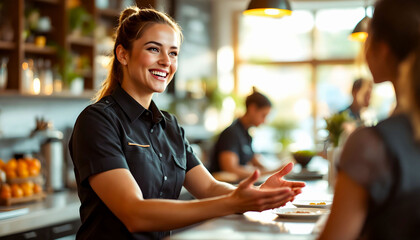 Smiling employee in uniform greeting guests, showcasing excellent customer service and hospitality.