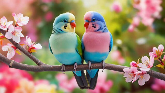 Two colorful parakeets perched on a branch with pink blossoms, symbolizing love and spring.