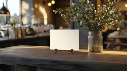 Blank Menu Sign Mockup: A square white sign sits on a rustic wooden table in a stylish cafe, surrounded by soft lighting and a floral centerpiece.