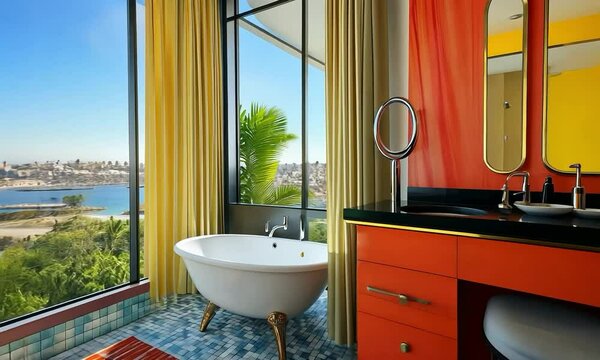 Art Moderne bathroom with sleek fixtures, geometric patterns, and a panoramic view of a city skyline