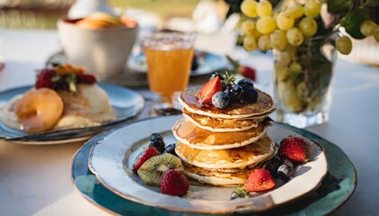 Elegant Breakfast Spread With Vegan Pancakes, Fresh Fruits, and a Selection of Organic Syrups and Condiments for a Healthy and Delicious Morning Feast