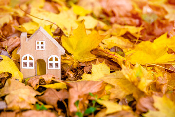 The symbol of the house stands among the fallen autumn leaves
