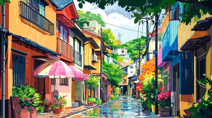 Fototapeta premium A colorful, narrow street in a Japanese city with buildings on both sides, rain, trees, a cafe with an awning, and a person walking in the distance.