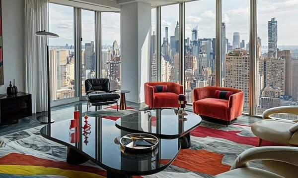 Art Moderne living room with streamlined furniture, sophisticated decor, and a view of a vibrant cityscape