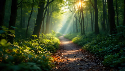 Obraz premium A path leading through a dense forest towards the light, symbolizing the journey through life and personal growt