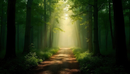 Obraz premium A path leading through a dense forest towards the light, symbolizing the journey through life and personal growt