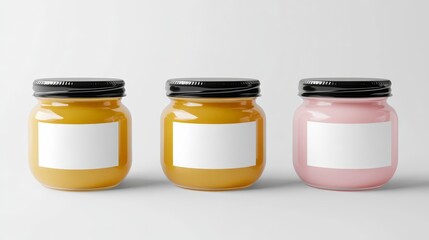 Product Mockup: Three Glass Jars with Blank Labels.  Perfect for showcasing your brand, designs, and product information. These jars offer a versatile and attractive way to present your products.  