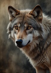 Obraz premium Golden-Eyed Wolf Gazing Mysteriously in Rustic Wooded Setting