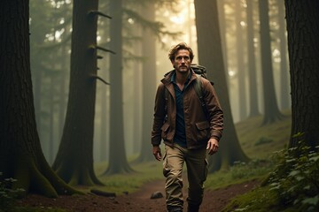 Man hiking alone in misty forest surrounded by tall trees