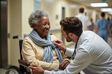 Fototapeta premium Elderly Black Woman with Caregiver in Hospital Corridor