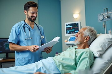 Young male nurse explaining medication to elderly patient