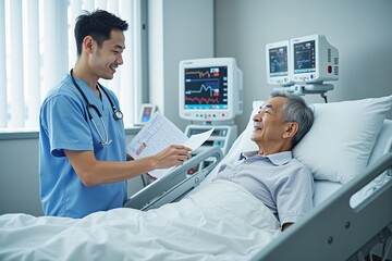 Young nurse explaining medication to elderly patient in hospital room