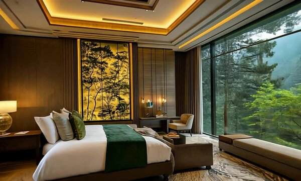 Elegant bedroom suite with an integrated lounge area, stylish decor, and a panoramic view of a tranquil forest