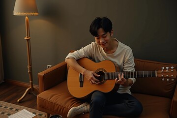 Young Asian man playing acoustic guitar on leather couch